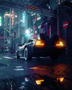 a futuristic city at night with neon lights and an old car in the foreground