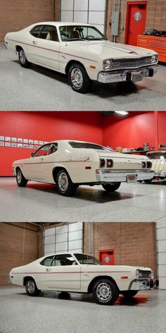 three different views of a white car in a garage