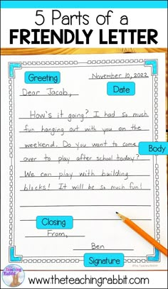 the five parts of a friendly letter for kids to use in their writing practice room