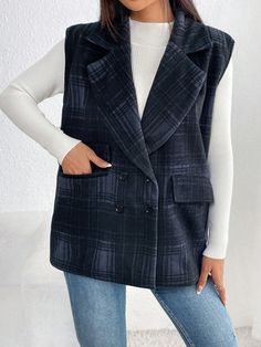 Plaid Double Breasted Vest Blazer Navy Blue Casual  Sleeveless Tweed Plaid vest Non-Stretch  Women Clothing, size features are:Bust: ,Length: ,Sleeve Length: Double Breasted Vest, Women Blazers, Plaid Vest, Navy Blue Blazer, Vest Blazer, Plaid Blazer, Blazers For Women, Suits For Women, All Fashion