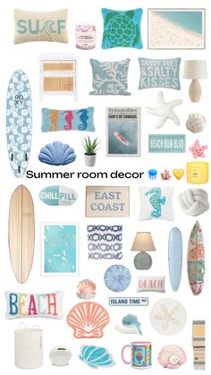 a collage of beach themed items including surfboards, pillows and other decorative items