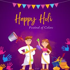 happy holi festival of colors with two people in white robes and colorful flags on purple background