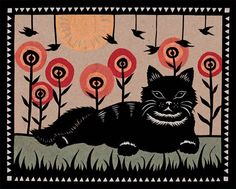 a black cat laying in the grass with red flowers and birds flying around it on a sunny day