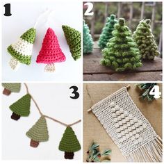 crochet christmas tree ornaments are shown in four different pictures, including one with green and red trees