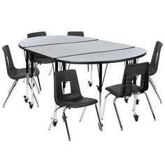 Mobile 76 Oval Wave Collaborative Laminate Activity Table Set With 16 Student Stack Chairs, Grey/Black By Flash Furniture | Dining Sets | Modishstore School Table, Student Chair, School Tables, Mobile Table, Activity Table, Grey Table, Kids Table And Chairs, Oval Table, Kid Table