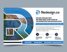 a blue and white business card with an image of a river in the background,