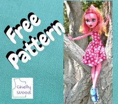 the doll is sitting in the tree with her pink hair and blue shoes, which read free pattern