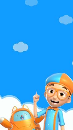 a cartoon character is standing in front of a blue sky with clouds and an orange car