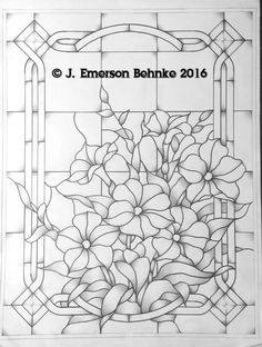 a drawing of flowers in a stained glass window with the words, e j emerson bohn