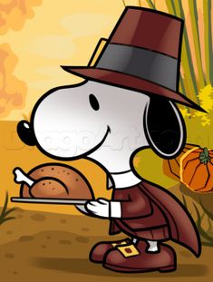 a cartoon dog dressed as a pilgrim holding a turkey in front of some pumpkins