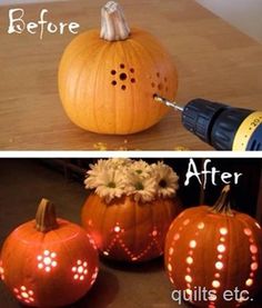 an orange pumpkin with holes in it and the words, before and after carved into it