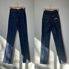 "Amazing 70s Willie Nelson blue denim jeans! Size XXS - XS  Brand - Willie Nelson Era - 70s  Excellent Vintage Condition (FLAW - the jeans are missing the brand patch on the back) These jeans have also never been hemmed Measurements LAYING FLAT Waist - 12.5\" Hips - 16\" Length - 46.5\" Rise - 12\" Inseam - 36\" Please let me know if you have any questions!" 70 Jeans, Hipster Trousers, Brown Maxi Skirts, Sheer Slip Dress, High Rise Blue Jeans, 70s Denim, 70s Women, Vintage Denim Jeans, Willie Nelson