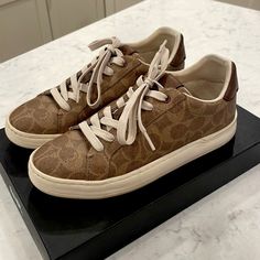 Only Worn Twice Brand New Condition Coach Shoes, Nothing Wrong With Just Outgrew My Foot. Comes With The Box I Got Them In. Coach Brown Leather Sneakers, Brown Leather Coach Sneakers, Leather Coach, Shoes Leather, Box Color, Brown Shoe, Coach Shoes, Leather Shoes, Size 6