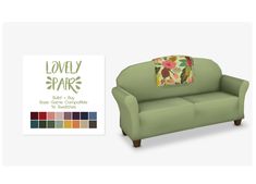 an image of a green couch with flowers on the pillow and color swatches below it