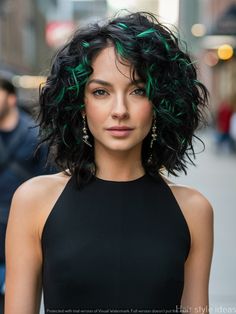 thin fine hair styles for women- halloween hairstyles Black And Red Highlights Hair, Black And Emerald Hair, Curly Hair Color Highlights, Emerald Green Hair Color, Peekaboo Hair Color Curly, Curly Green Hair, Moss Green Hair, Emerald Highlights, Curly Medium Hair