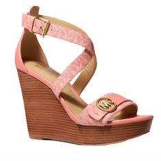 Michael Kors Carmen Logo Faux Leather Wedge Sandal Sherbert New 9.5 Michael Kors Platform Sandals, Block Heel Platform Sandals, Platform Pumps Heels, Pink Wedges, Platform Espadrille Sandals, Michael Kors Sandals, Michael Kors Heels, Wedge Loafers, Black Platform Heels