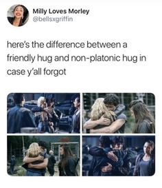 two people hugging each other with the caption that reads, here's the difference between a friend and non - platonic hug in case y'all forgot