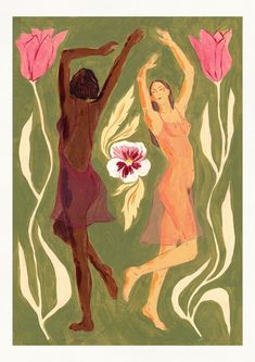 a painting of two women dancing with flowers in front of them and one woman holding a flower