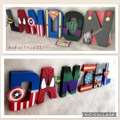 the letters are made out of wood and have superhero logos on them, as well as captain america