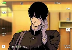 an anime character is talking on his cell phone