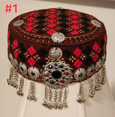 Traditional embroided cap with afghan headpiece jewelry for women/girls. Size 22 inches round, free shipping all U.S Afghan Headpiece Jewelry, Traditional Embroidered Festive Hats, Traditional Cap Style Headpieces For Festivals, Afghan Headpiece, Embroided Cap, Asian Clothing, Headpiece Jewelry, Long Hair Wedding Styles, Book Illustration Art