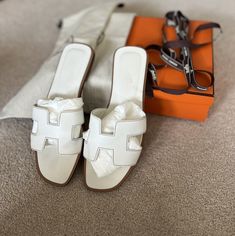 Stunning Hermes Slippers!Still Considered New With Original Box And Dust Bags And Even The Shoe Stuffing Paper. Hermes Slippers, Hermes Shoes, Original Box, Dust Bag, Color White, Slippers, Size 6, Women Shoes, The Originals