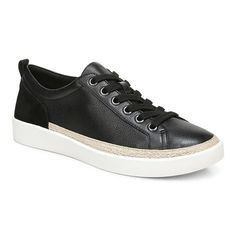 A traditional leather, lace-up, rubber-sole sneaker with a unique jute detail, color colors, and an embossed-leopard option. Comfortable Stylish Shoes, Black Leather Sneakers, Heel Pain, Sole Sneakers, Vionic Shoes, Sneakers Women, Stylish Shoes, Soft Suede, Sneakers Black