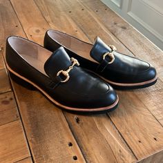 Only Worn A Couple Times. No Scratches On The Leather! Great Condition! Black Loafers With Horsebit Detail For Office, Black Horsebit Loafers For Office, Chic Black Loafers With Horsebit Detail, Chic Black Horsebit Loafers, Anthropologie Shoes, Gold Link, Couple Time, Flat Shoes Women, All Black