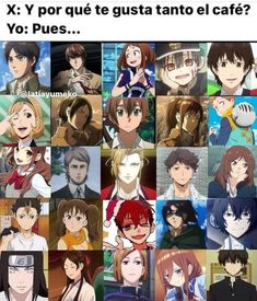 many different anime characters are shown in the same grided image, with caption for each