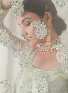 Dusty Mint Green Designer Heavy Embroidered Bridal Lehenga-Saira's Boutique Kundan Sharara For Wedding, Pista Green Kundan Sets With Traditional Drape, Pista Green Kundan Sets For Eid, Wedding Anarkali Kundan Set, Embroidered Kundan Sets For Wedding, Pista Green Chandbali Sets For Festivals, Kundan Sets For Eid Reception, Pista Green Mirror Work Set For Reception, Pista Green Sets With Mirror Work For Reception