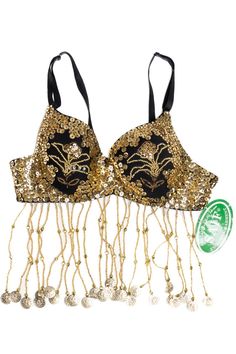 Size: Small Color: Gold Decade: 1990s (estimated) Chest Width: 13" Vintage Condition Notes: - No size listed. 6.5" length from top to bottom of bra cup.  - Deadstock - unworn, in new condition with original tags.  Brand: Saif Fringe Bra, Bra Cup, Christmas Deals, Sequin Beading, Bra Top, Bra Cups, Bra Tops, Clothing Items, Halloween Shopping