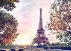 the eiffel tower is surrounded by trees and boats