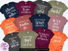 "Funny Family Thanksgiving Shirts, Matching Family Thanksgiving Tshirts, Friendsgiving Shirts, Fall Autumn Group Tees, Custom Thanksgiving **PLEASE NOTE** 👉 Shirt colors can vary slightly from what you see on your screen to the actual product. DESIGN ❤ All of our shirts and tanks are all created with the latest in garment printing technology using water based inks that are eco-friendly. This helps to create a softer feel than traditional screen printing. This high-quality printing process helps prevent designs from fading, cracking and peeling for a long lasting product. The ink is CPSIA (Consumer Product Safety Improvement Act) compliant. SELECT THE FIT/STYLE YOU PREFER IN THE DROP DOWN MENU  Add your desired number of items to cart. YOU WILL NEED TO ADD EACH ITEM TO YOUR CART SEPARATELY Friendsgiving Shirts, Thanksgiving Tshirts, Family Thanksgiving Shirts, Custom Graphic Tees, Logo T Shirts, Thanksgiving Family, Funny Family, Family Thanksgiving, Personalized Logo