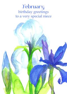 a birthday card with blue and white flowers in watercolor on the bottom right corner