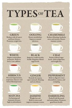 the types of tea in different cups