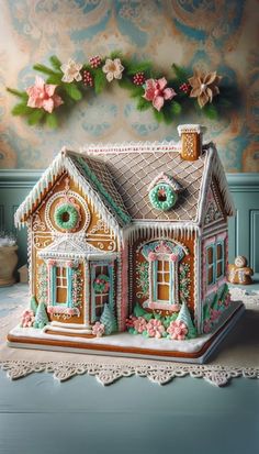 a gingerbread house is on display in front of a wallpapered room with flowers