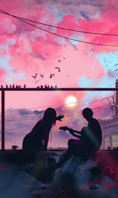 two people are sitting on a roof playing the guitar at sunset with birds flying in the sky