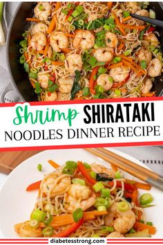 shrimp noodle dinner in a skillet with chopsticks and vegetables on the side