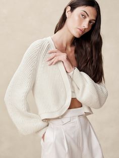 Julia Cotton Cardigan | Banana Republic Luxury White Cable Knit Cardigan, White Crew Neck Open Knit Cardigan, White Cropped Knit Cardigan, Luxury White Textured Knit Cardigan, White Textured Knit V-neck Cardigan, Half Cardigan, Organic Cotton Yarn, Cotton Cardigan, Layering Pieces