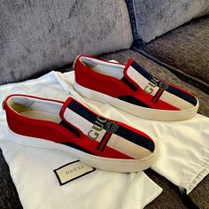 Gucci Loafers. Men’s Size 11.5. Worn One Time. Perfect Condition. Designer Slip-ons With Rubber Sole And Round Toe, Designer Slip-ons With Leather Sole, Designer Slip-on Sneakers With Branded Insole, Luxury Low-top Slip-ons, Luxury Slip-on Sneakers, Designer Slip-on Sneakers With Round Toe, Gucci Designer Slip-on Loafers, Designer Low-top Loafers With Leather Sole, Designer Slip-on Loafers