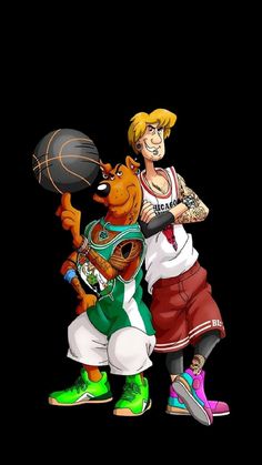 two cartoon characters one holding a basketball ball and the other standing up with his arm around another character