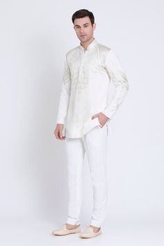 Ivory silk kurta with resham embroidery in geometric pattern and mandarin collared neckline. Paired with a pant. - Aza Fashions Resham Embroidery, Men Kurta, Silk Kurta, Ivory Silk, Silk Embroidery, Full Sleeves, Pant Set, Mandarin Collar, Aza Fashion