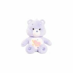 a purple teddy bear sitting on top of a white floor