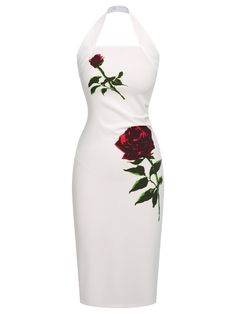 Turn heads with the White 1960s Halter Rose Wrap Dress. Perfect for making a bold statement—shop now and step into retro style! Ruched Dress Pattern, Mexican Style Dresses, 40s Style Dresses, Paris Photoshoot, Vestidos Retro, Derby Outfits, Red And White Dress, Rose Print Dress, Coctail Dresses