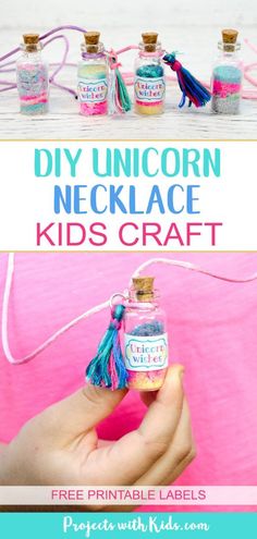 unicorn necklace kids craft with free printable labels and instructions to make them look like unicorns