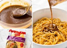 three different pictures with noodles and sauce being poured into the bowl to make it look like spaghetti