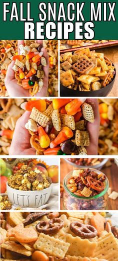 fall snack mix recipe collage with text overlay that reads, fall snack mix