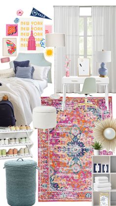 a bedroom with white furniture and colorful rugs