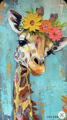 a painting of a giraffe with flowers on its head