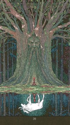 an illustration of two people standing in front of a large tree with water below it